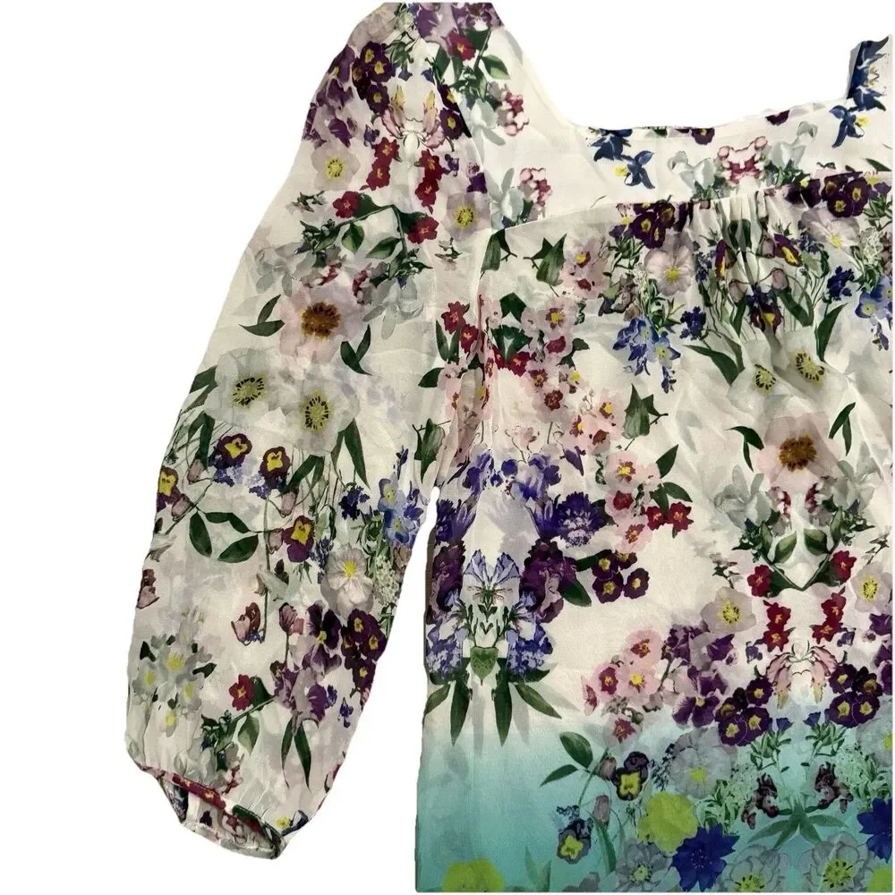 Vanessa Virginia Anthropologie Top Sz M Medium 8 Green Silk Blouse Floral Ombre